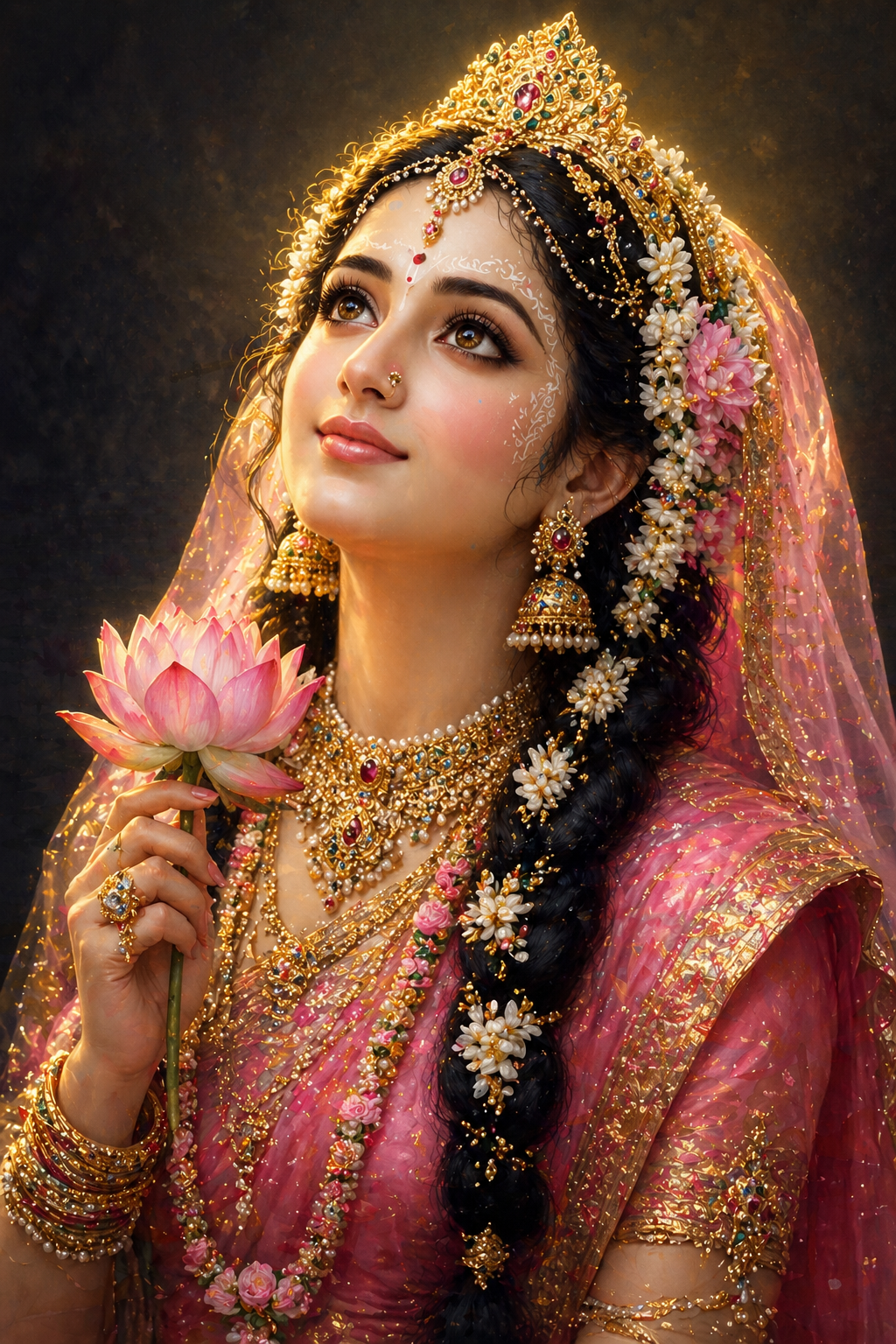 Radha Rani portrait with golden divine glow ornate jewelry and devotional expression against dark background — HD wallpaper